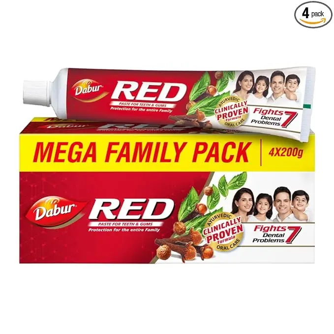 Dabur Red Toothpaste – 800g(200gx4) |Fluoride Free | Helps In Bad Breath Treatment, Cavity Protection, Plaque Removal | For Whole Mouth Health | Power Of 13 Potent Ayurvedic Herbs